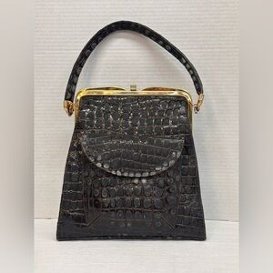 RO-EL Vintage Elegant Black Crocodile Pattern Handbag